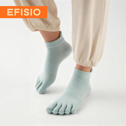 Light blue five-finger socks worn with beige pants on a white background, featuring the EFISIO brand.