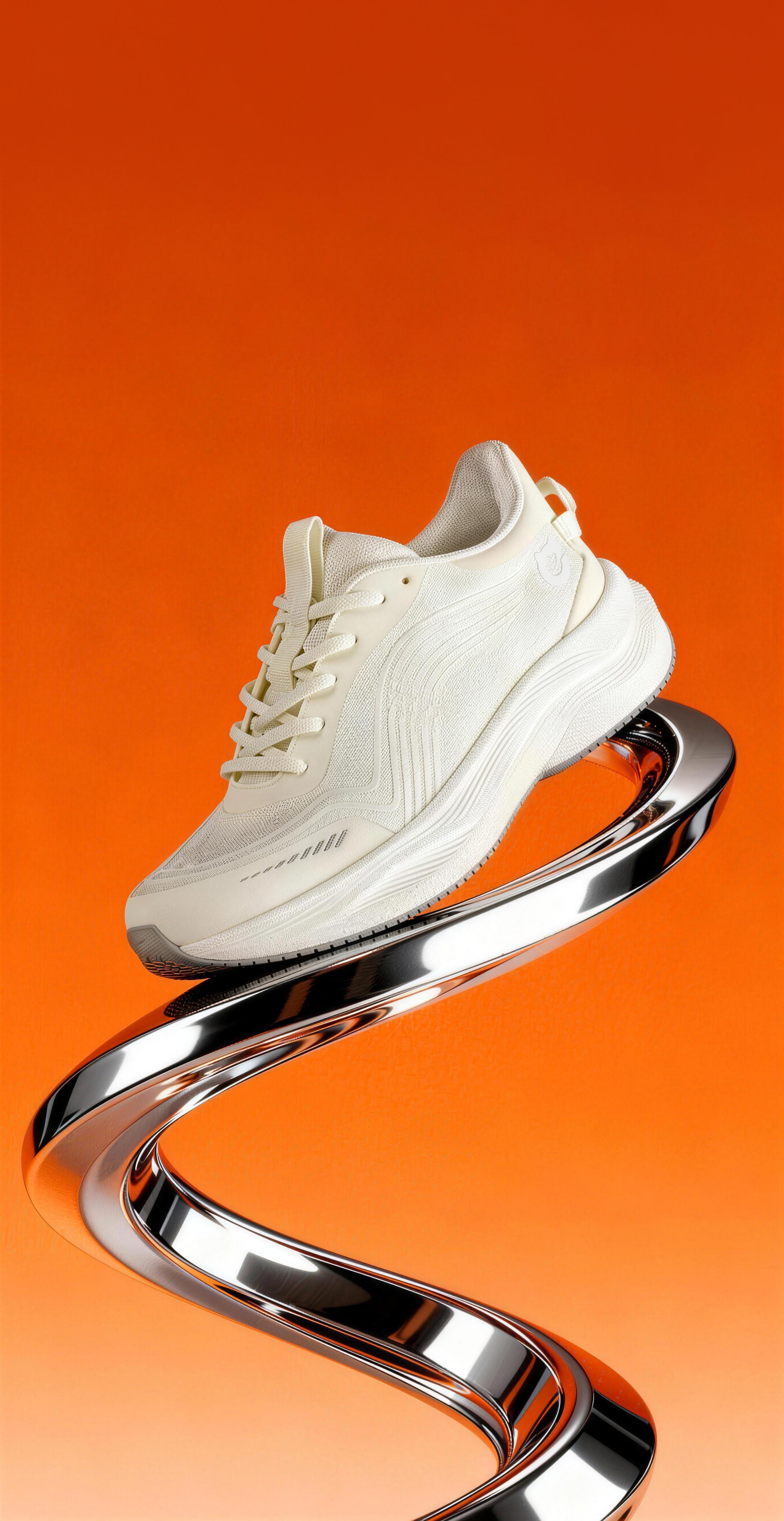 White EFISIO Airfoil II Athletic Shoe displayed on a sleek metallic stand against a orange background