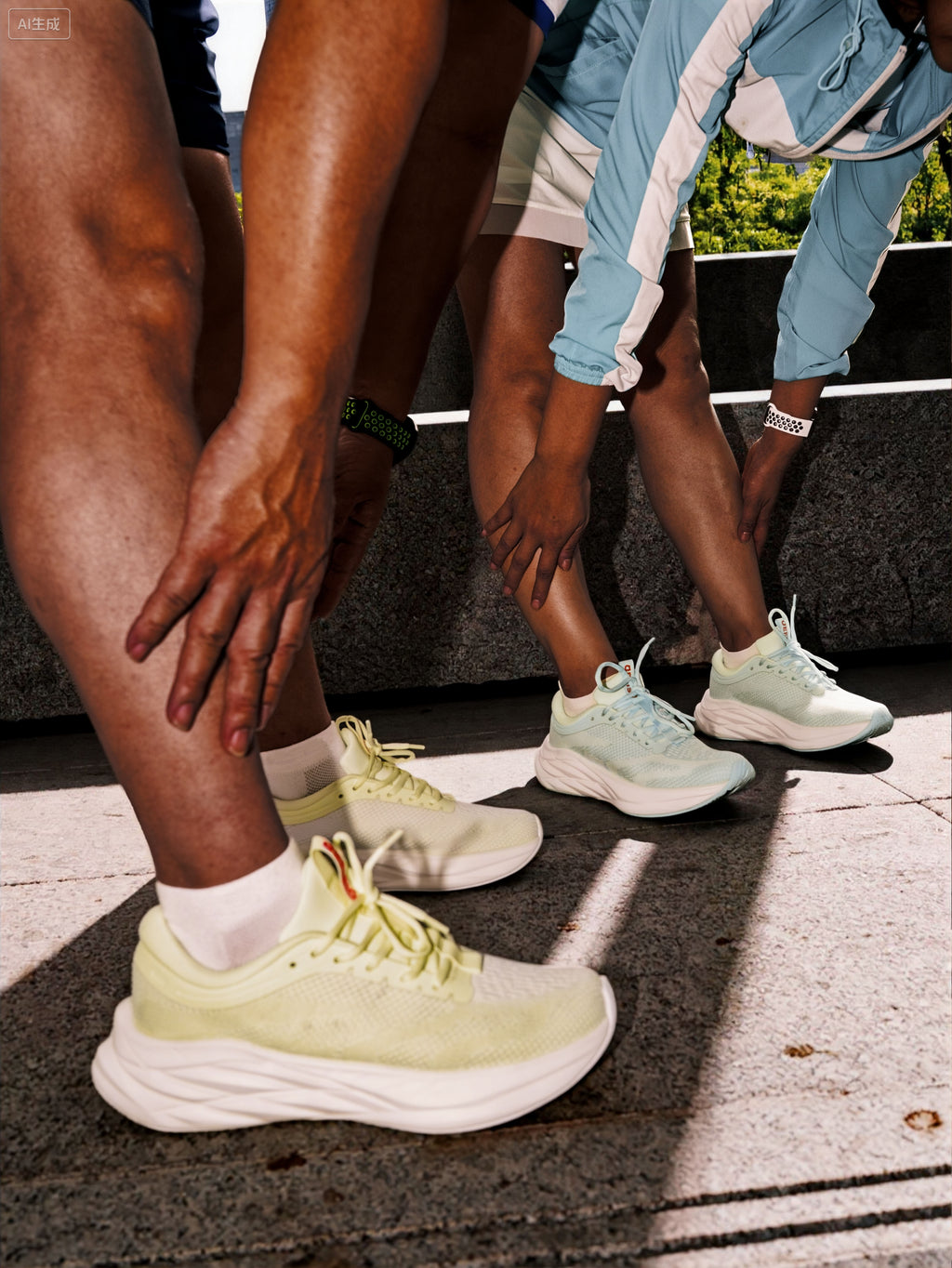 Two pairs of legs wearing EFISIO Airheart Athletic light blue and white sneakers on a pavement.