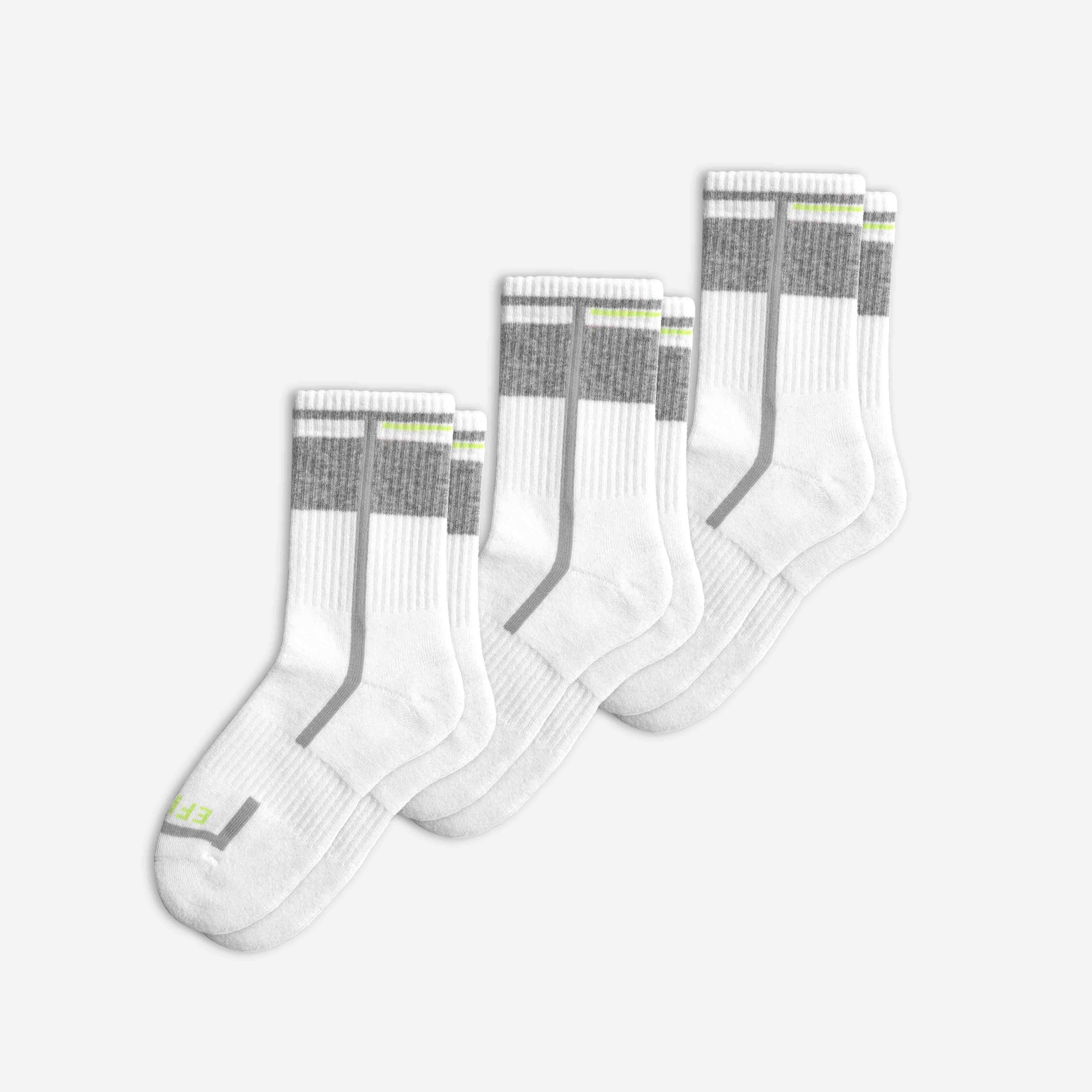 Three pairs of white EFISIO All-Day Running Socks with gray accents on a white background