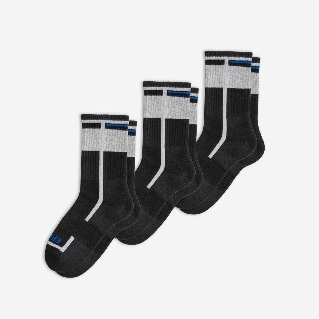 Set of black and gray EFISIO All-Day Running Socks with white stripes on a white background