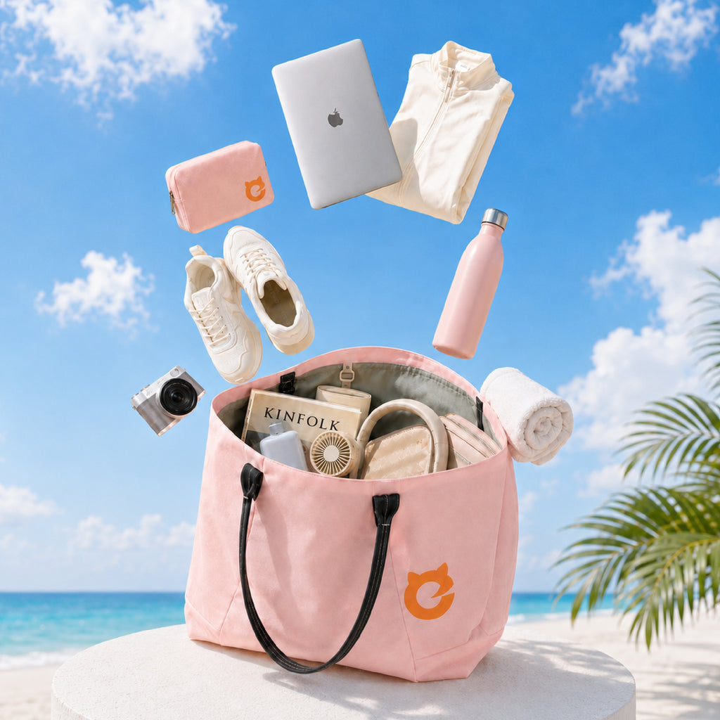 Pink EFISIO Avelina Tote Bag with travel items against a beach background