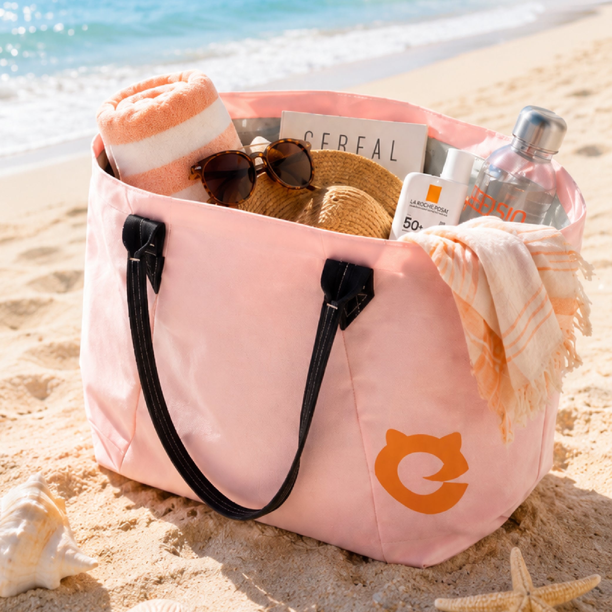 Pink EFISIO Avelina Tote Bag with beach items on a sandy beach
