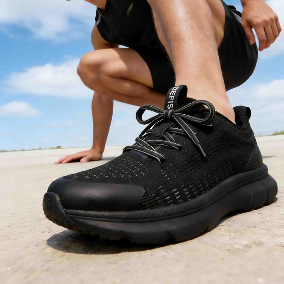 Person wearing black athletic shoes with black EFISIO Elastic Shoelaces, outdoors on a sunny day.