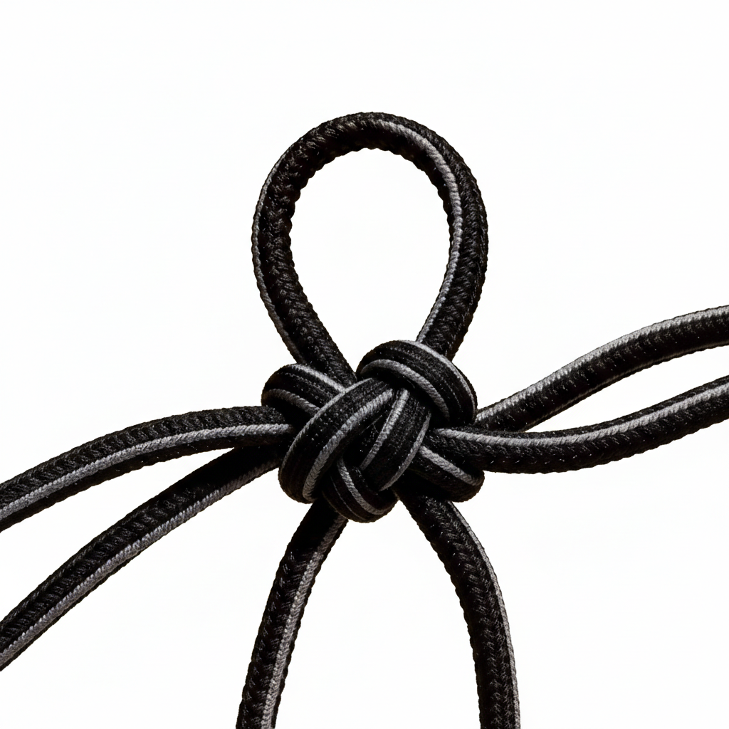 Close-up detail of a knot in black EFISIO Elastic Shoelaces against a white background
