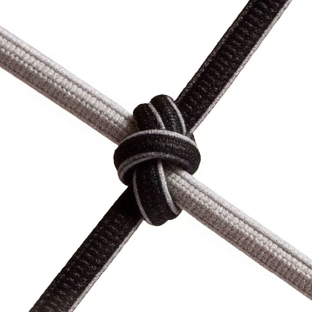 Close-up of a black and a light gray EFISIO Elastic Shoelace tied together in a cross shape, isolated on a white background
