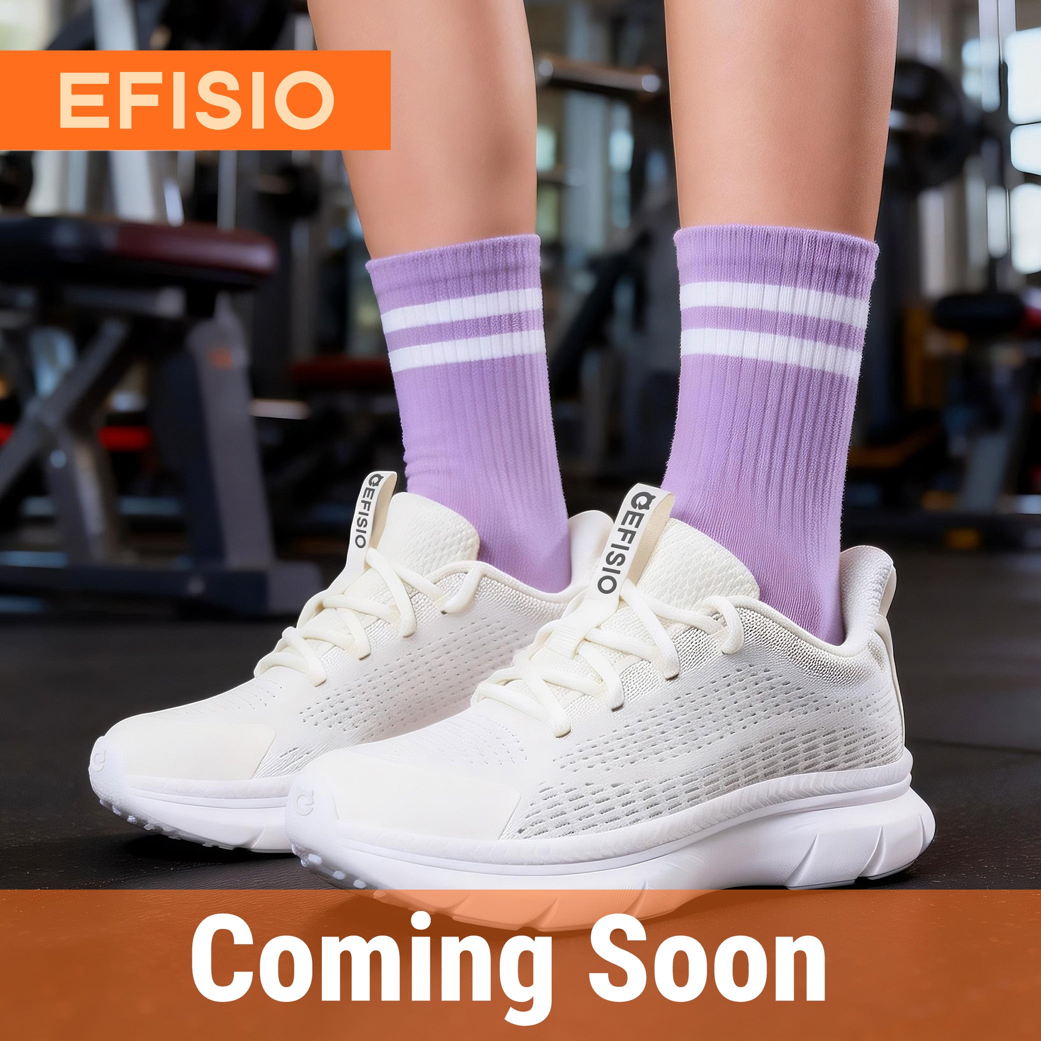Person wearing white EFISIO Flying III Athletic Shoes with white stripes in a gym setting