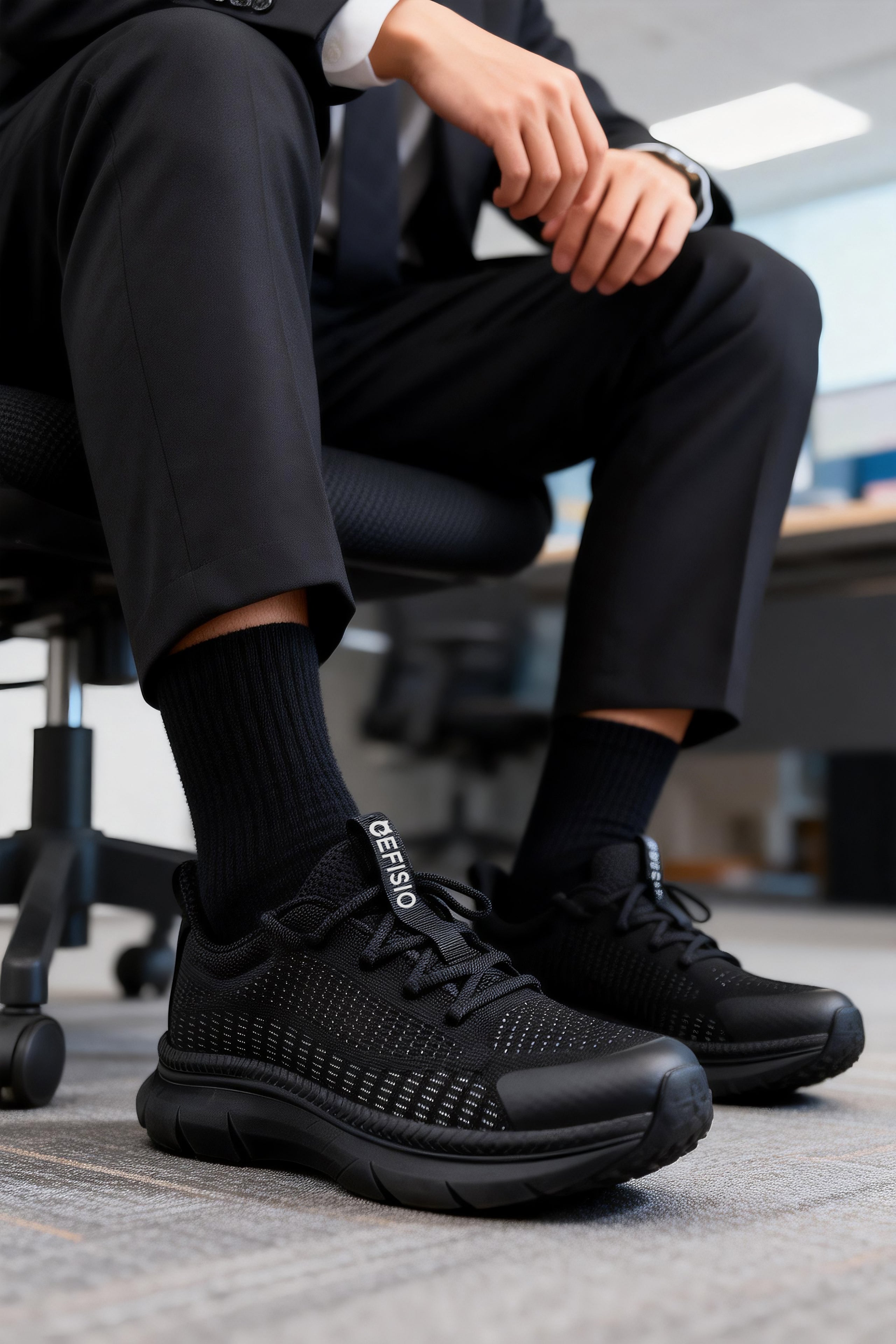 Person wearing black EFISIO Flying III Athletic Shoes in an office setting