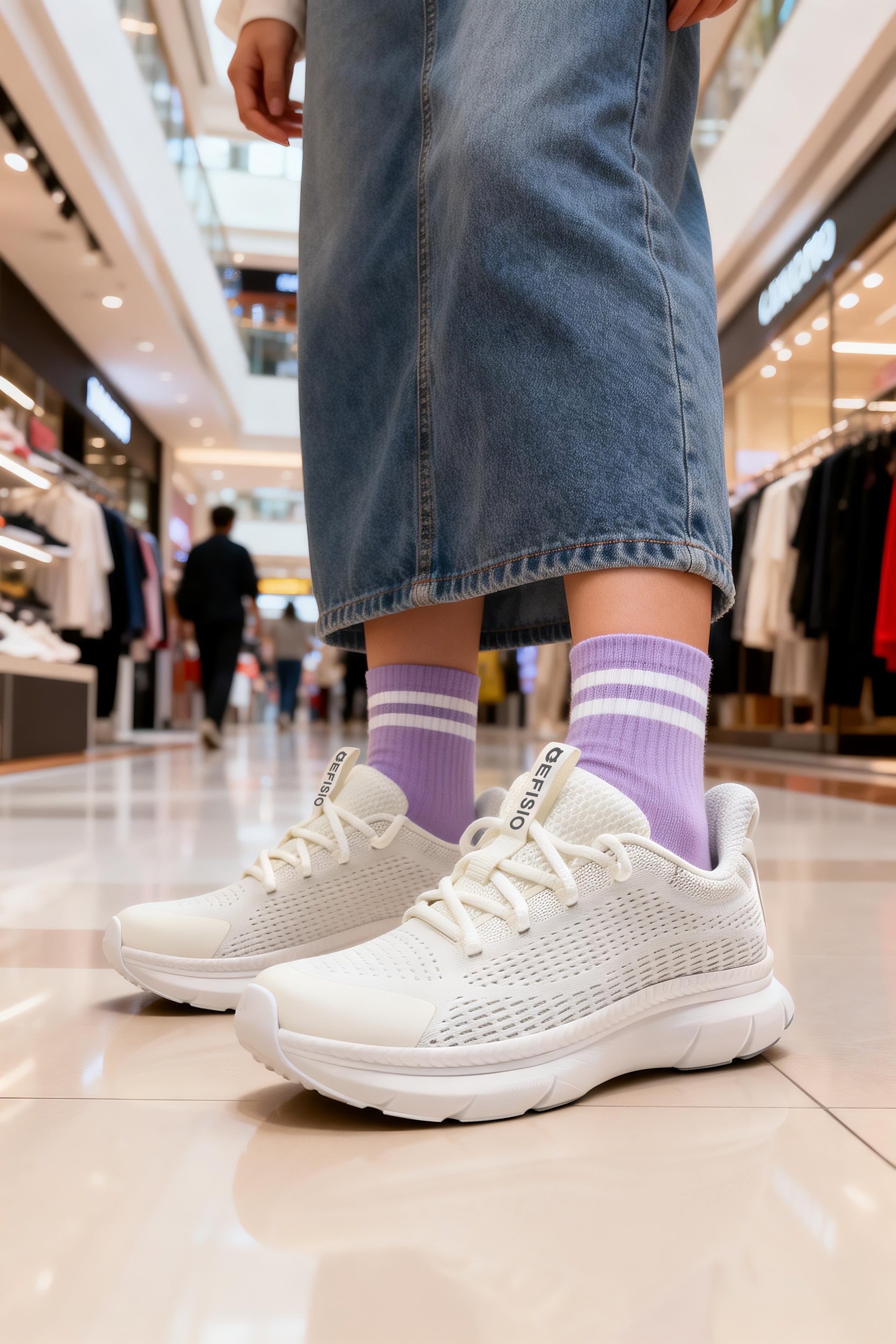 Person wearing white EFISIO Flying III Athletic Shoes and standing in a shopping mall.