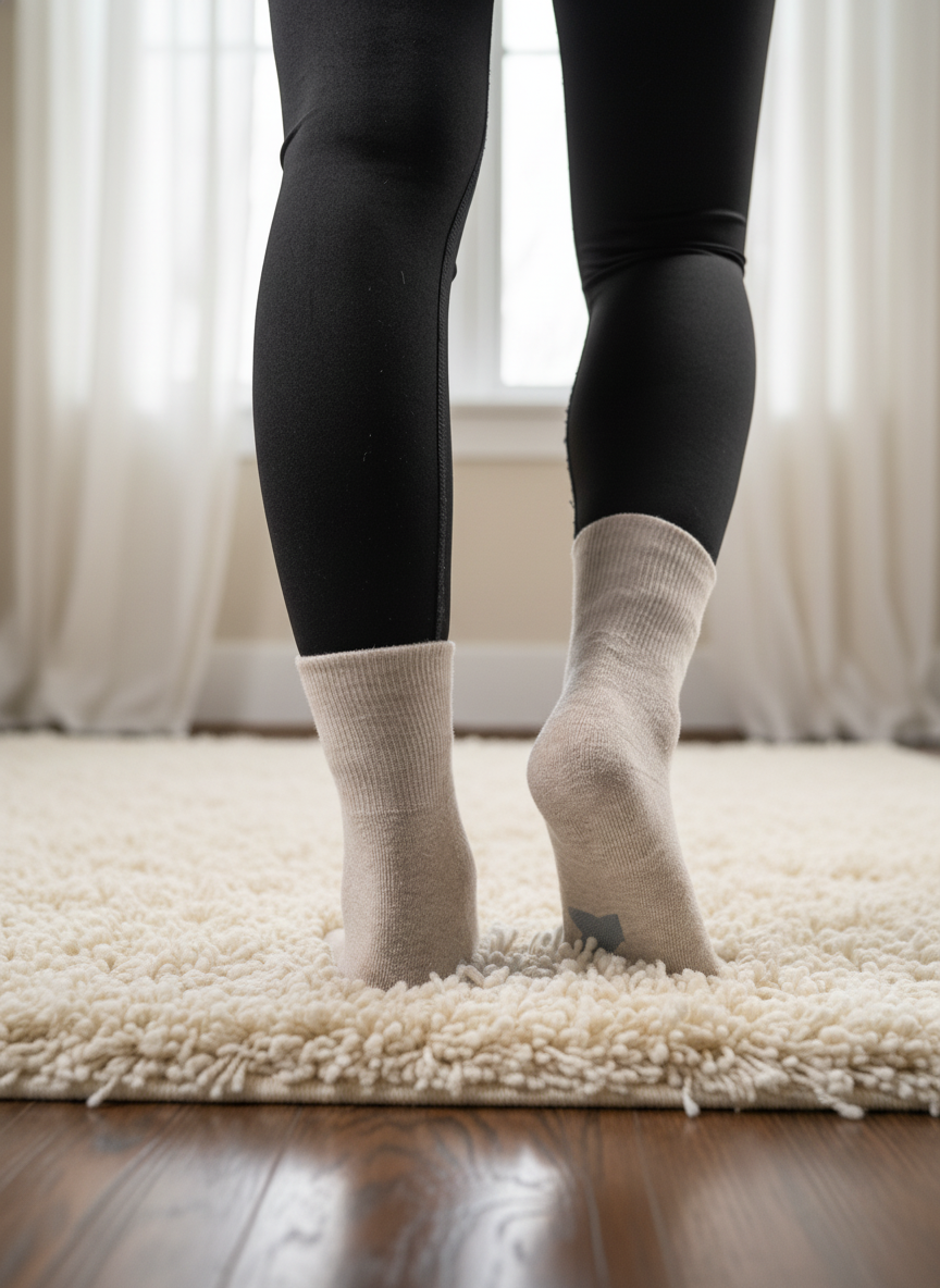 Person wearing black leggings and beige EFISIO Merino Wool Crew socks standing on a beige rug.