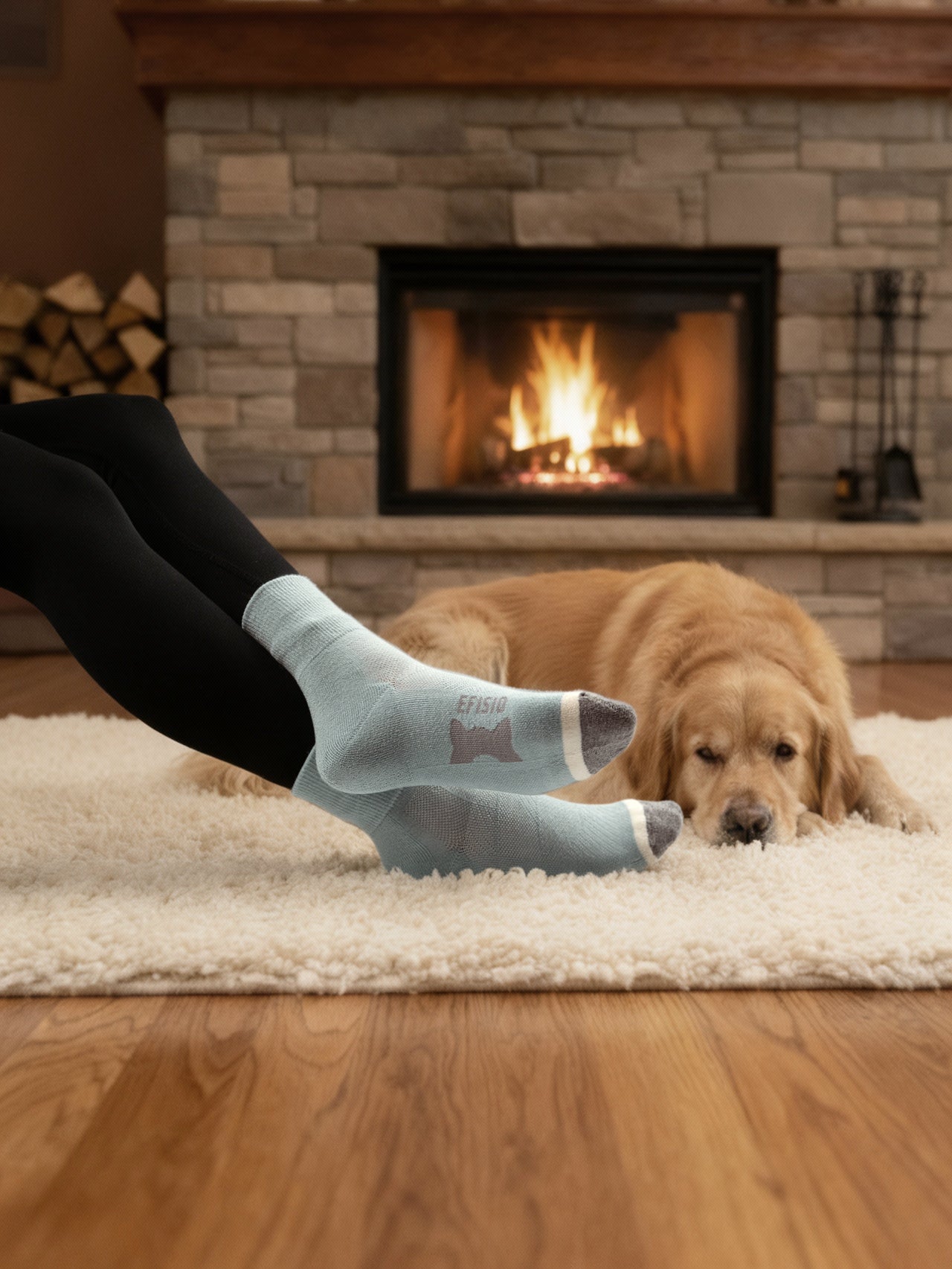 Person wearing light blue EFISIO Merino Wool Crew socks with a dog in front of a fireplace
