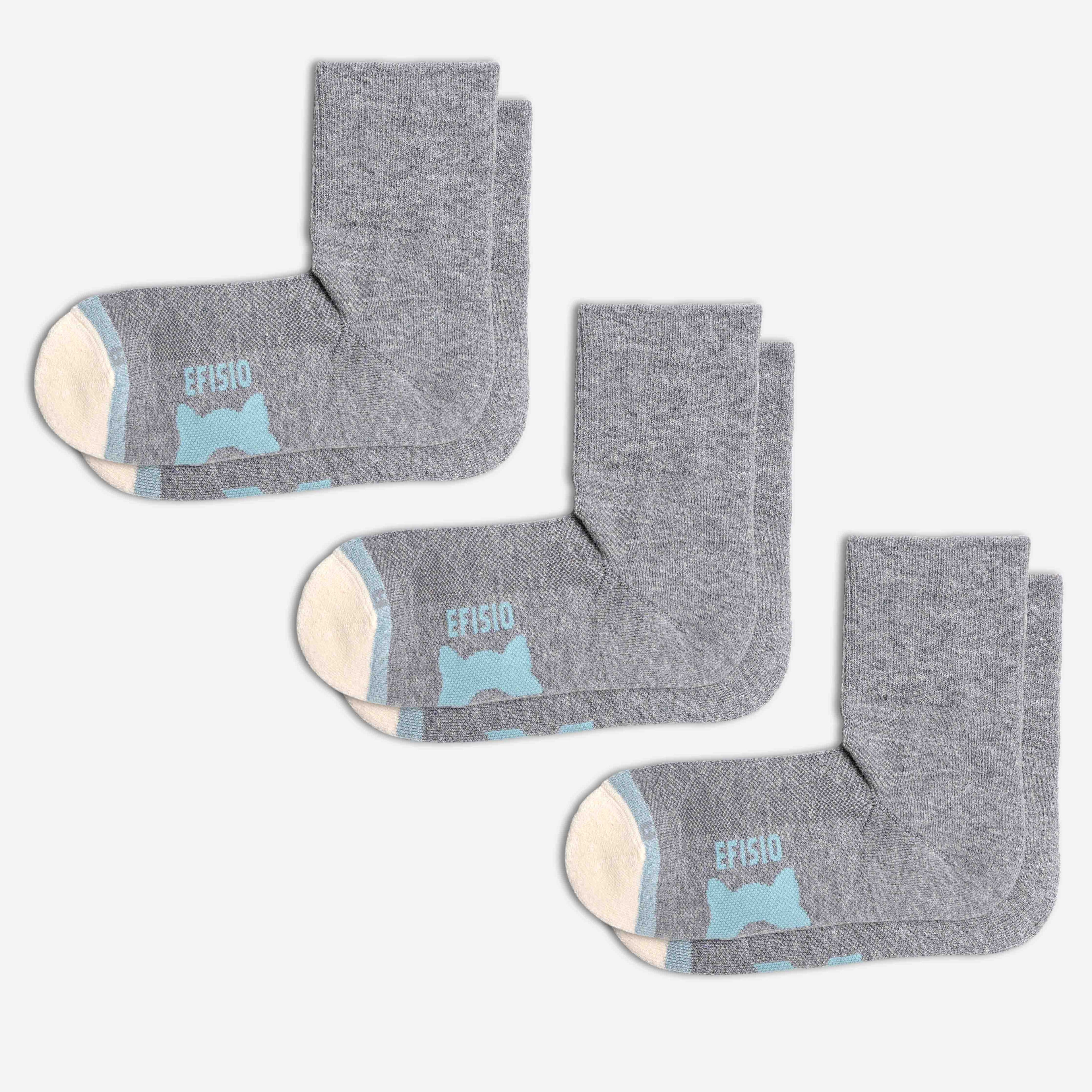 Three pairs of gray EFISIO Merino Wool Crew socks with blue accents and 'EFISIO' branding on a white background.