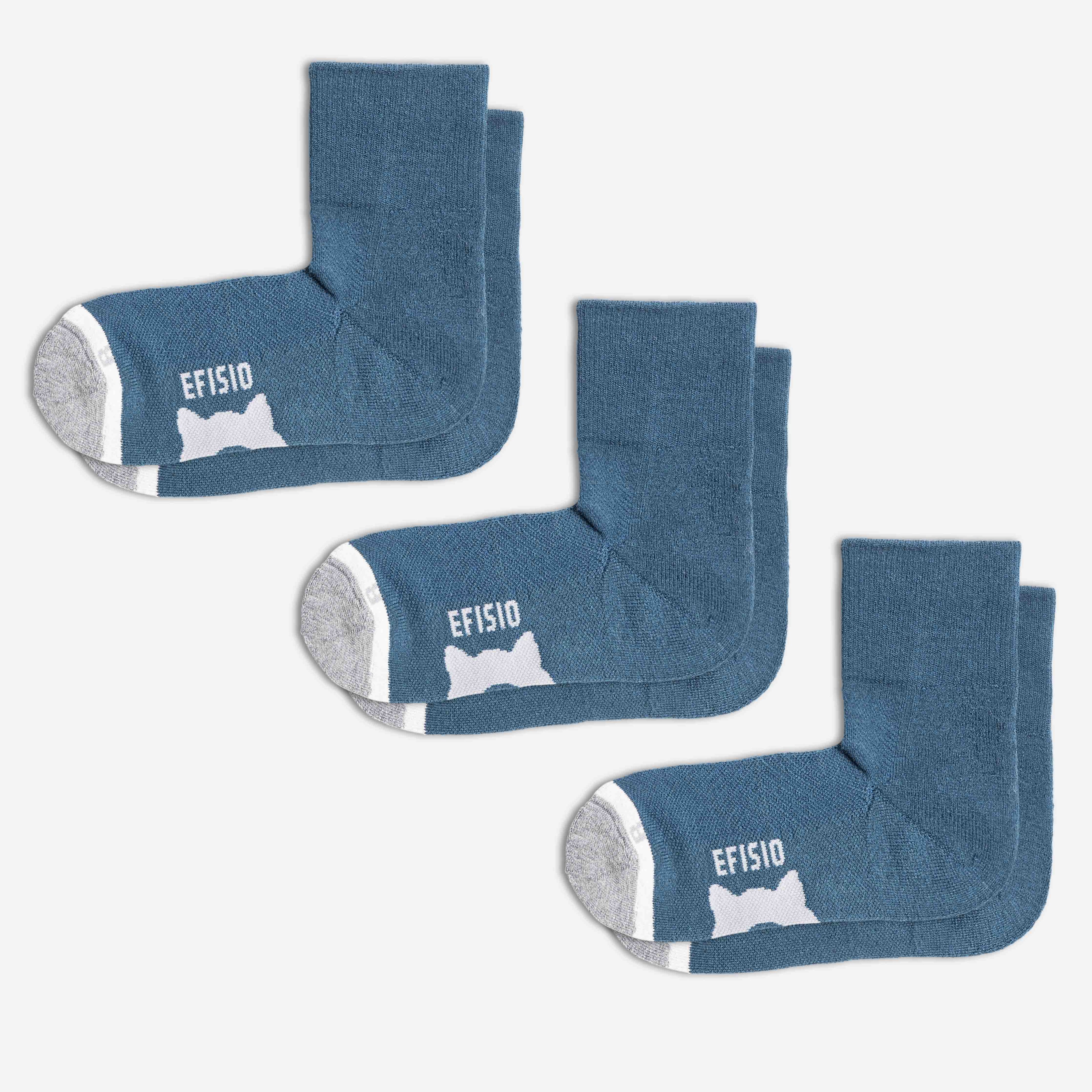 Three pairs of blue EFISIO Merino Wool Crew socks with gray accents and 'EFISIO' branding on a white background.