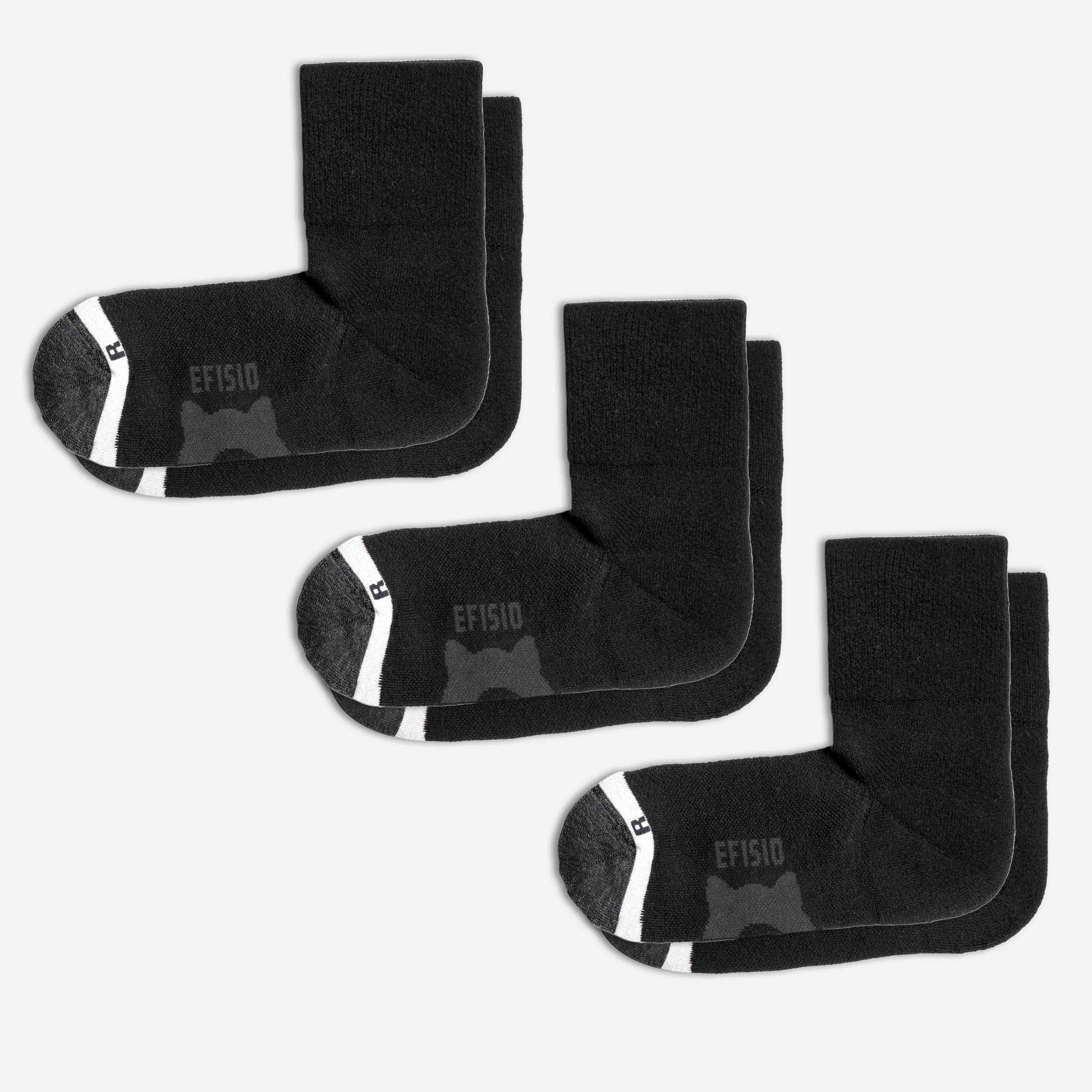 Three pairs of black EFISIO Merino Wool Crew socks with 'EFISIO' branding on a white background
