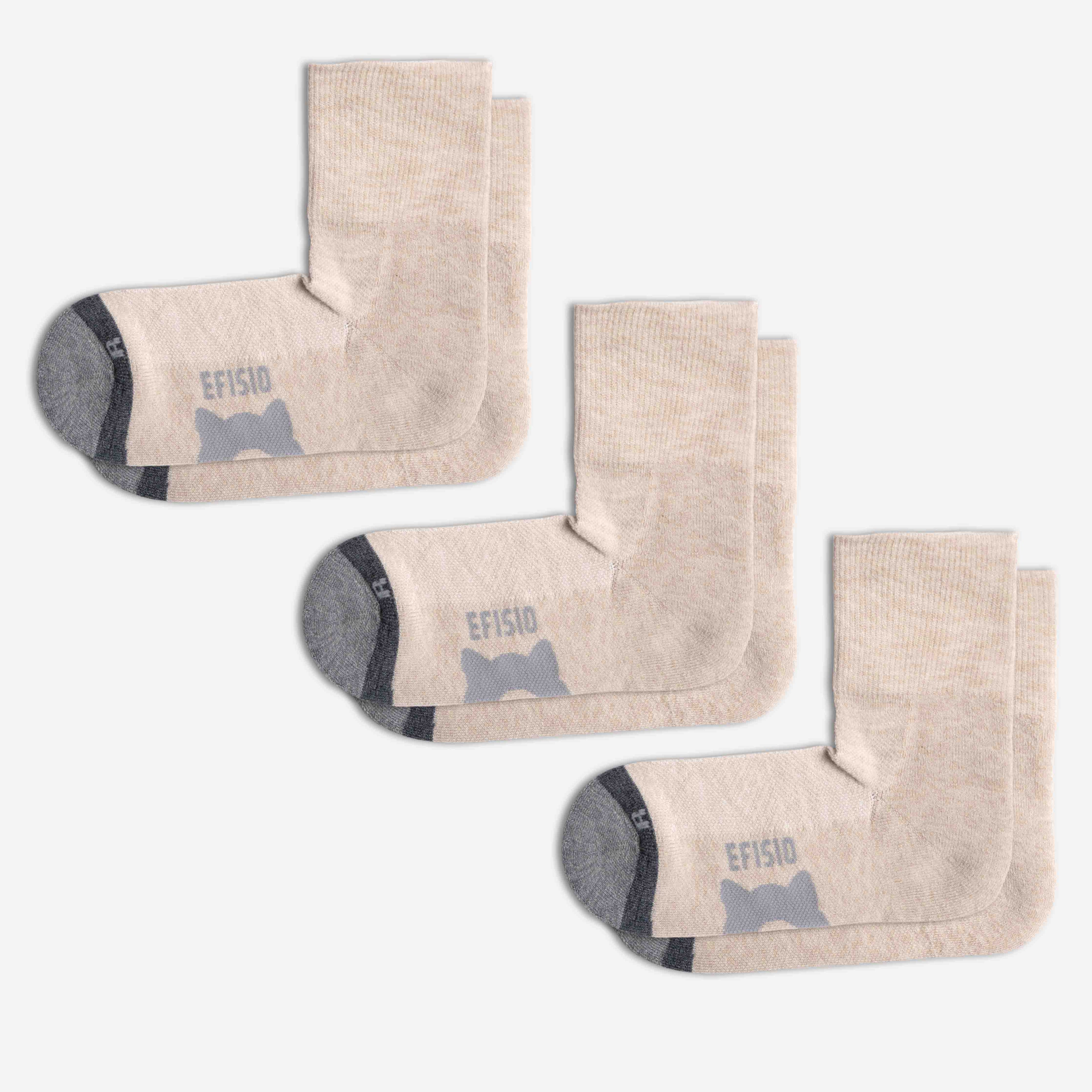 Set of beige EFISIO Merino Wool Crew socks with gray accents and 'Efisio' branding on a white background