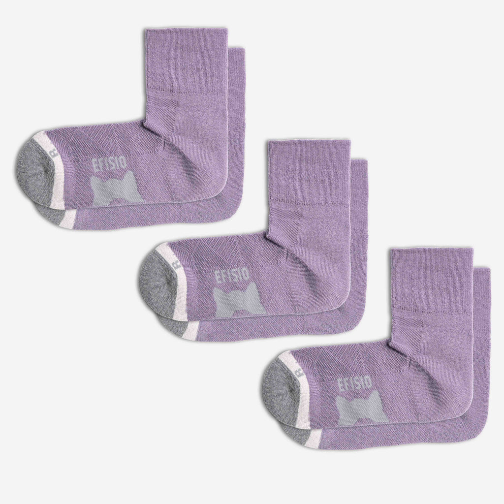 Set of purple EFISIO Merino Wool Crew socks with gray accents and a brand logo on a white background