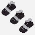 Three pairs of black EFISIO Merino Wool Tab ankle socks with gray accents on a white background