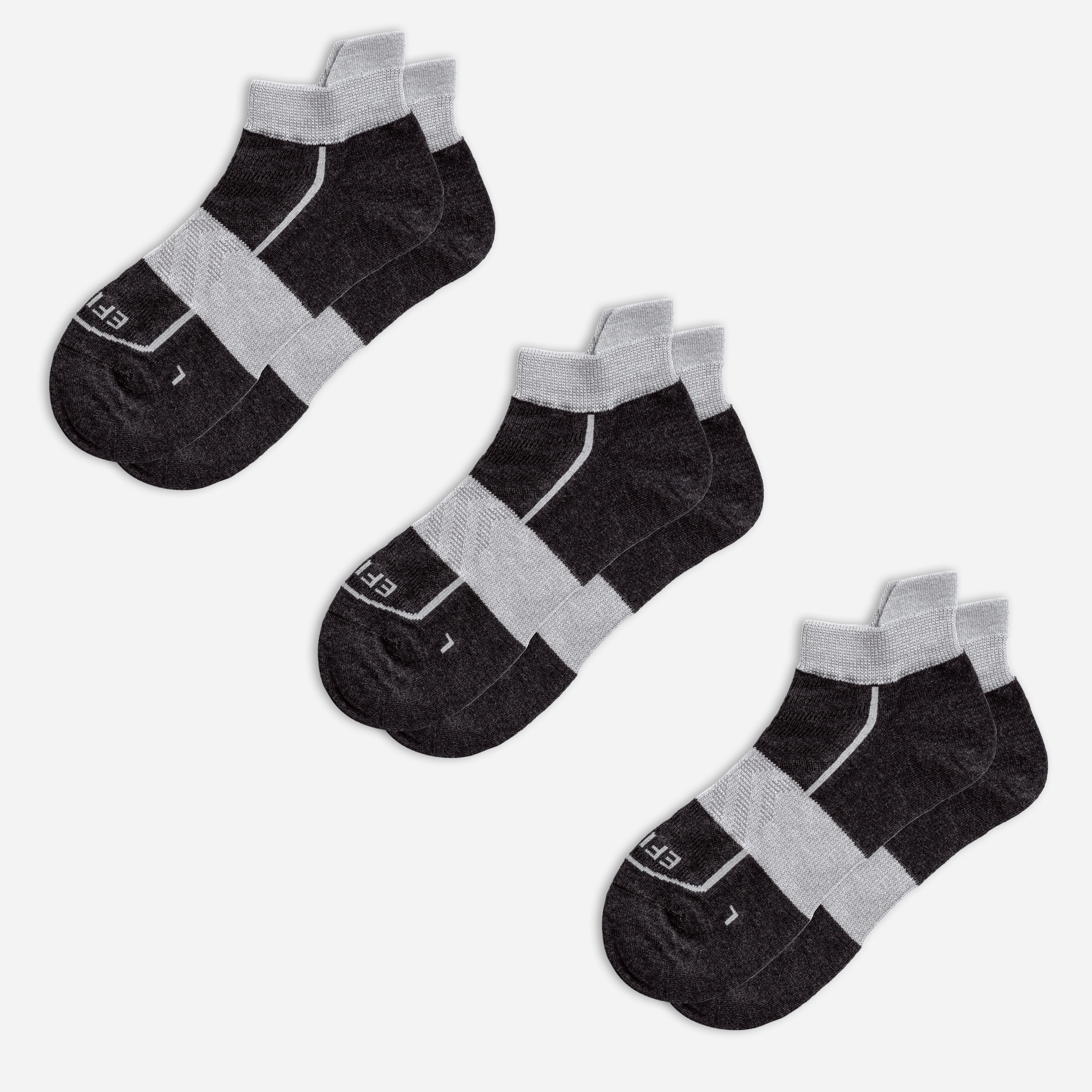 Three pairs of black EFISIO Merino Wool Tab ankle socks with gray accents on a white background