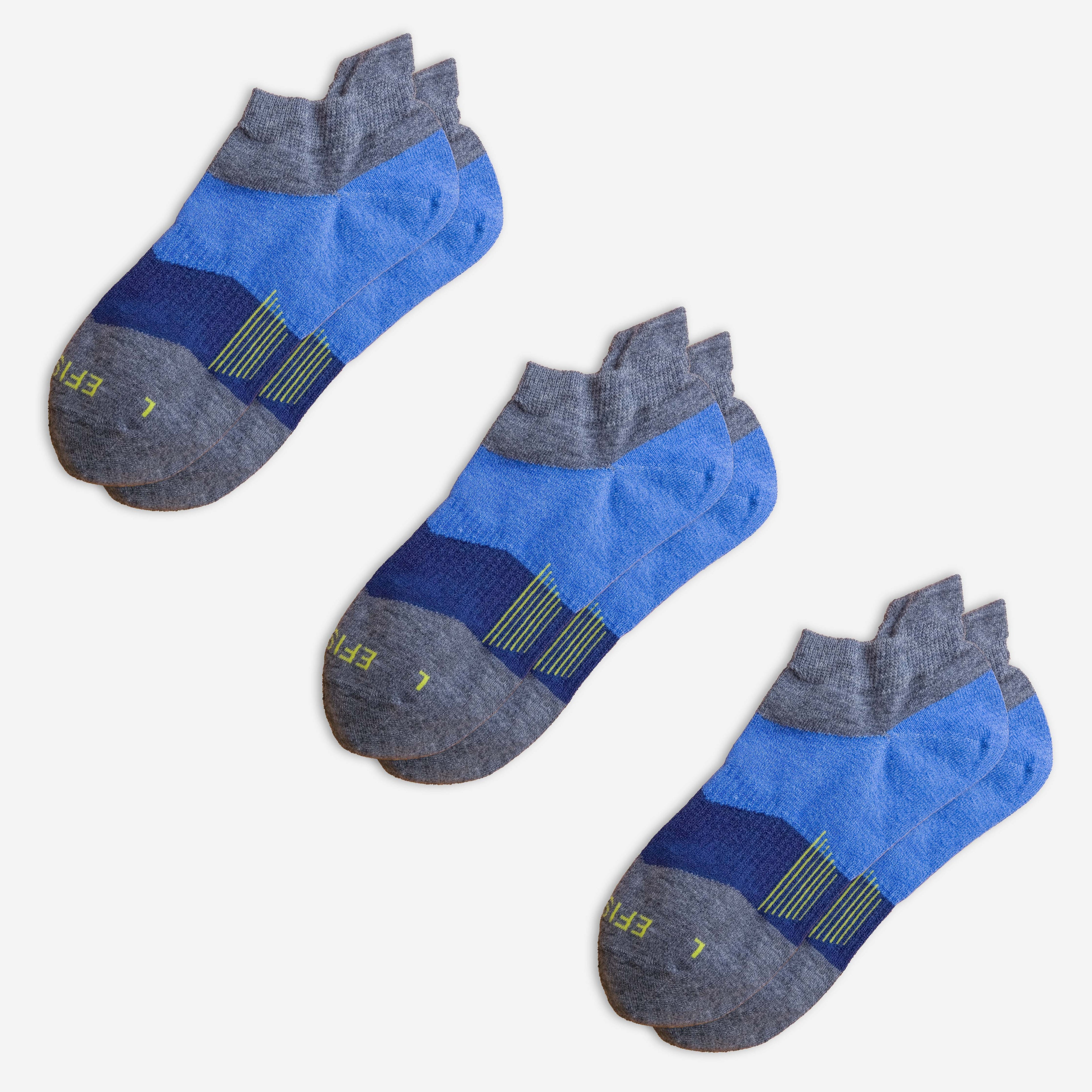 Three pairs of blue EFISIO Merino Wool Tab socks with yellow accents on a white background