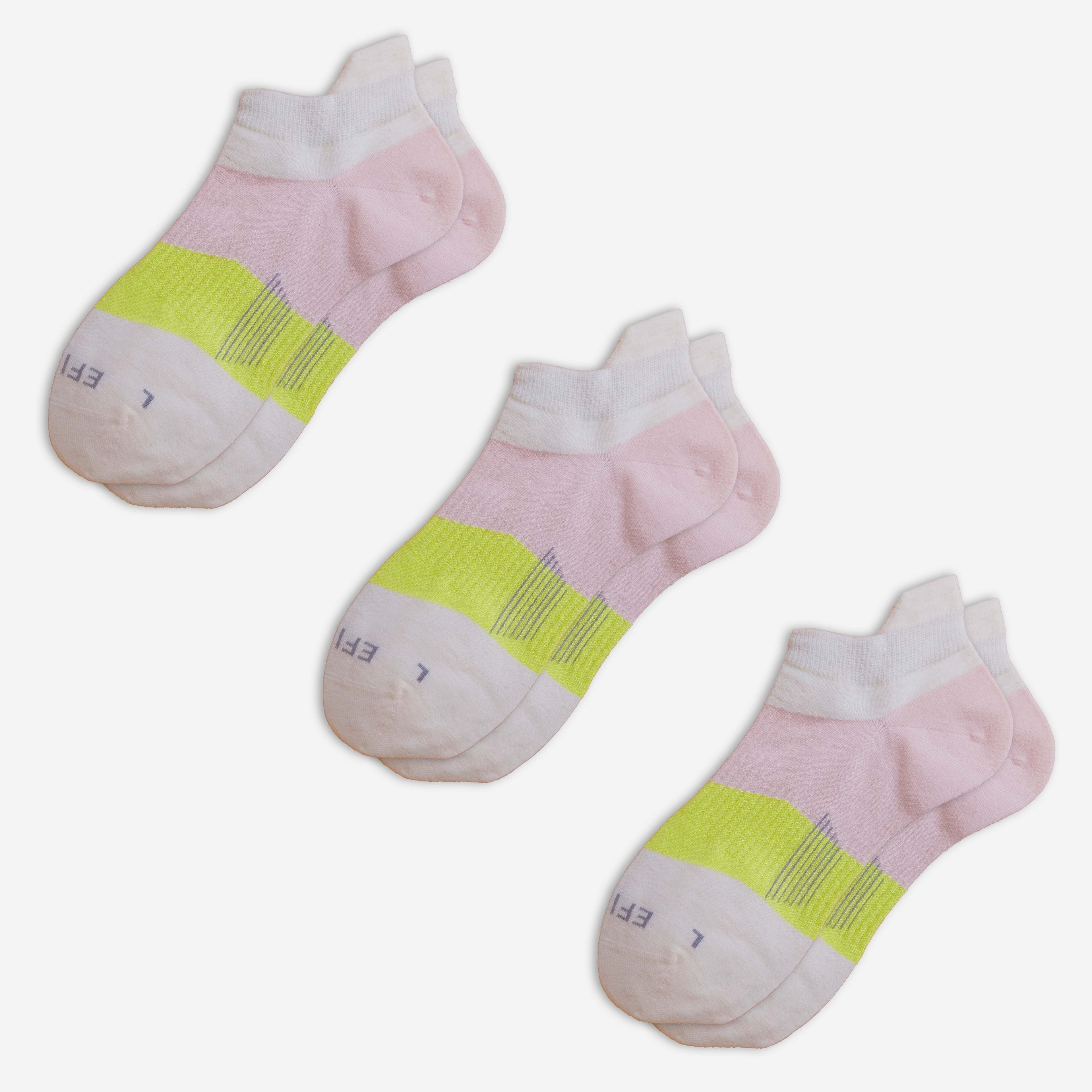 Three pairs of pink EFISIO Merino Wool Tab with yellow accents on a white background