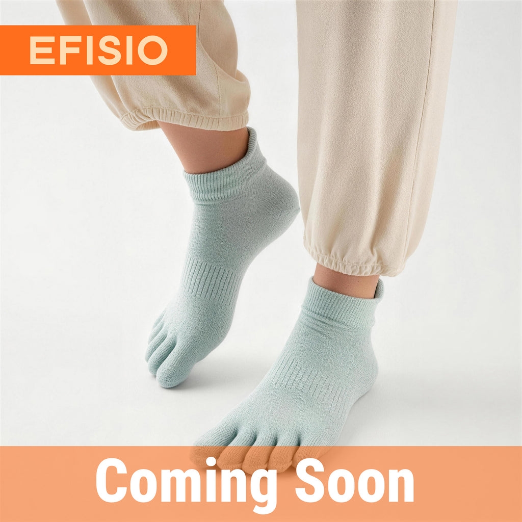 Light blue five-finger socks worn with beige pants on a white background, featuring the EFISIO brand.