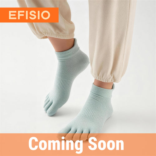 Light blue five-finger socks worn with beige pants on a white background, featuring the EFISIO brand.